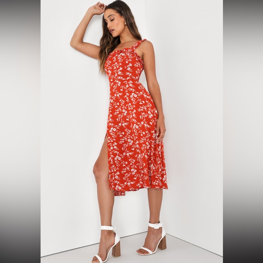 Garden Date Red Orange Floral Print Ruffle Midi Dress